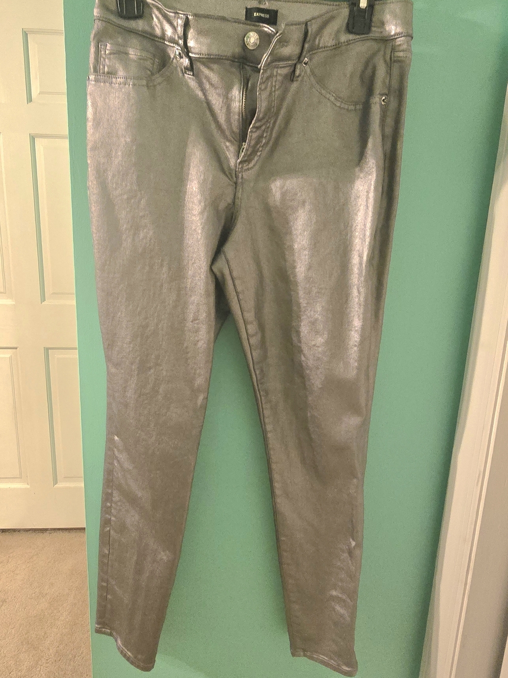 Express Metallic Silver Skinny Jeans